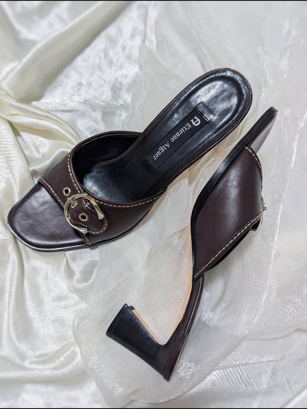 Etienne Aigner Brown Leather Buckle Mule Heels
